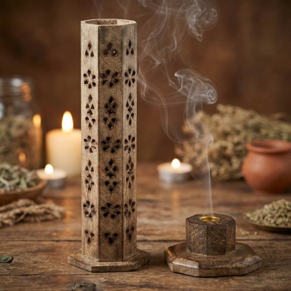 Tour à Encens Hexagonale Bois de Manguier | Porte-encens Artisanal Indien