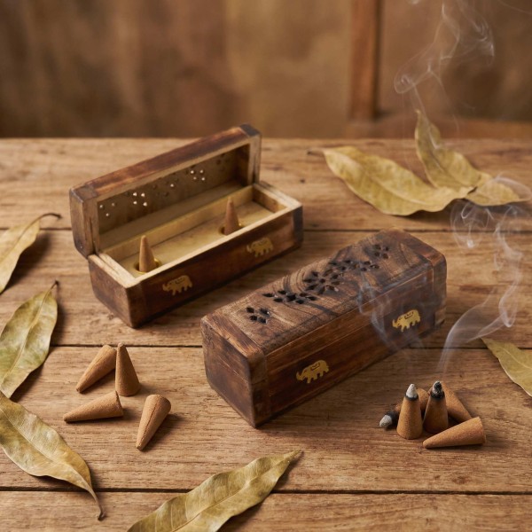 Boîte Encens Cônes Bois Manguier 15cm | Porte-Encens Artisanal Indien